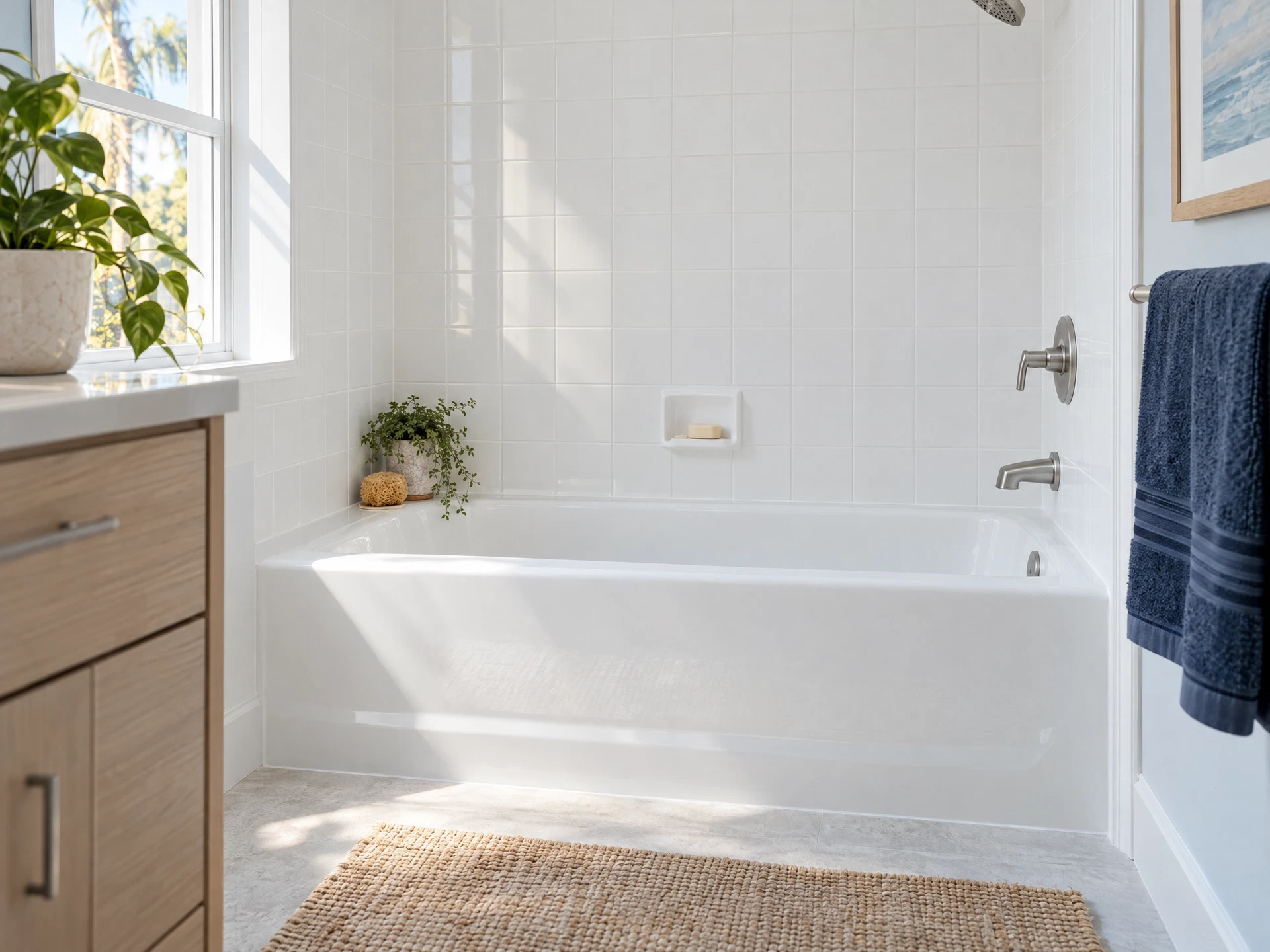 Illustrative sunlit bathroom with a smooth white tub and tiled enclosure